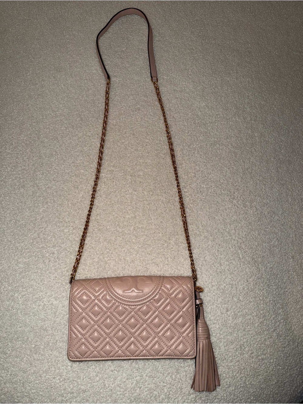 Tory Burch Quilted Crossbody in Dusty Rose with Gold Chain